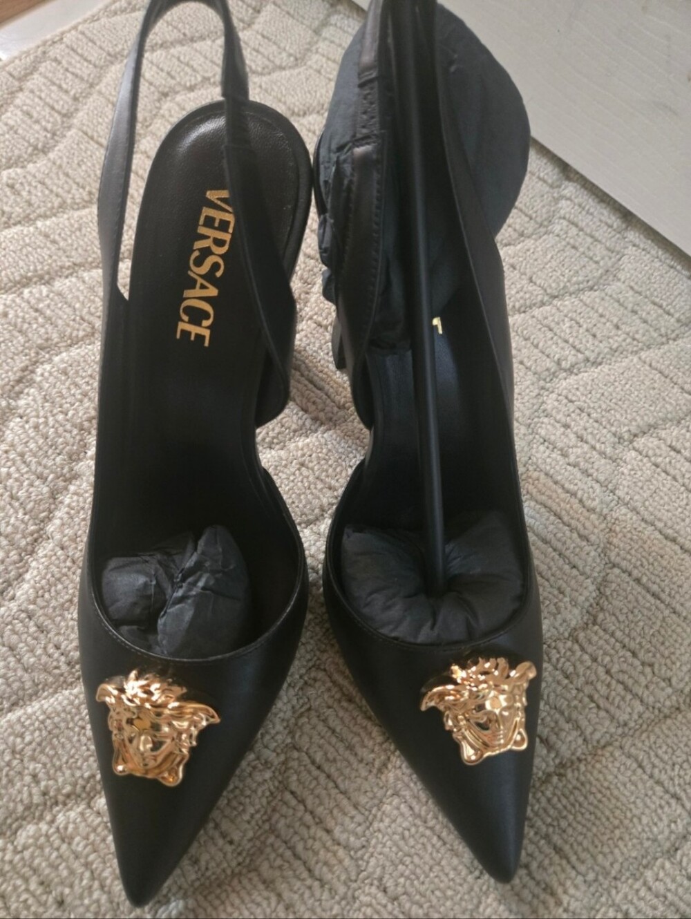 Versace Black Leather Slingback Pump with Gold Medusa